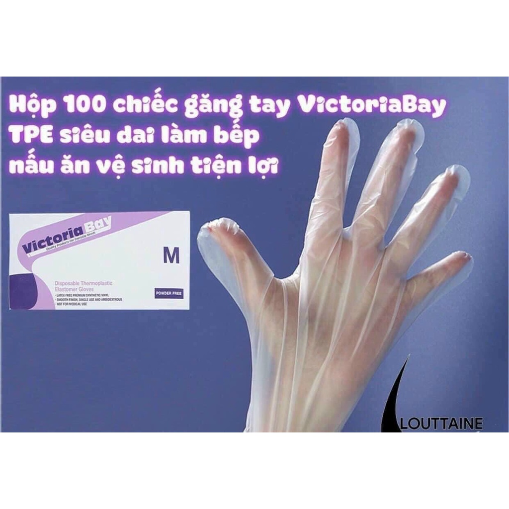 Hộp 100 Găng tay cao su VictoriaBay làm bếp vệ sinh siêu dai chất liệu TPE không mùi