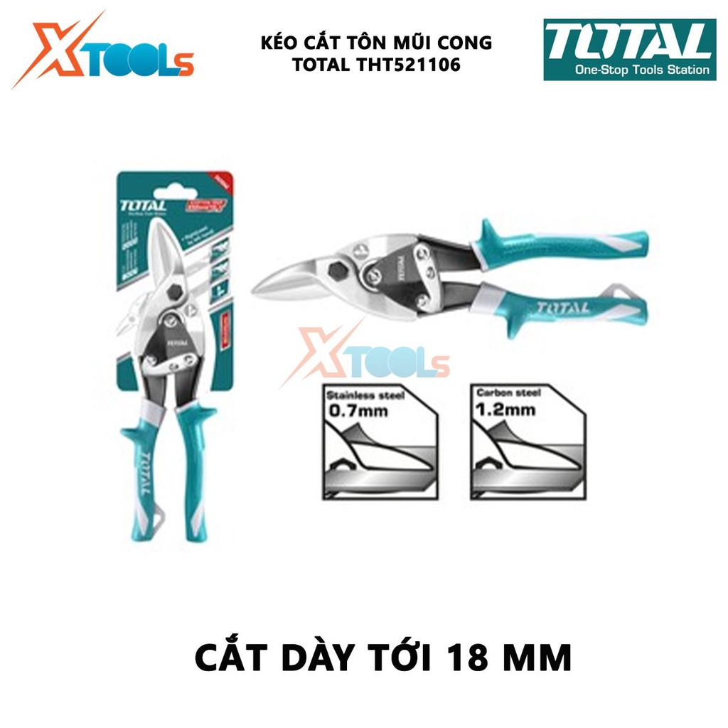 Kéo cắt tôn mũi cong trái TOTAL THT521106 Kéo cắt tole mũi cong Chiều dài 250mm (10'') thép Carbon,không gỉ, tay bọc cao