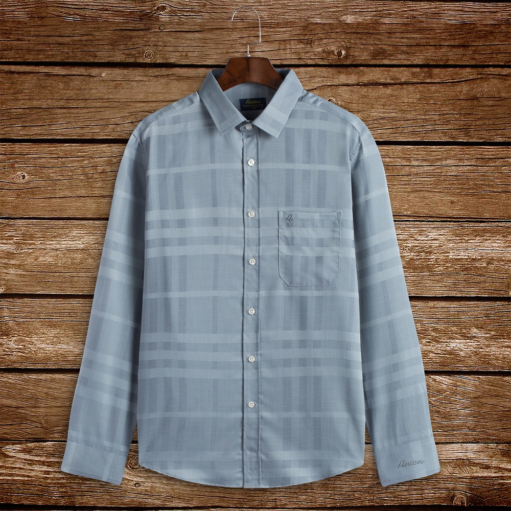 Áo Sơ Mi Nam Công Sở Trung Niên Anton Somianton Dài Tay Màu Xám Ghi Họa Tiết Kẻ Caro - AT202