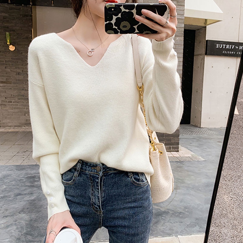 Áo Dệt Kim Tay Dài Cổ Chữ V Thời Trang Hàn Quốc Cho Nữ