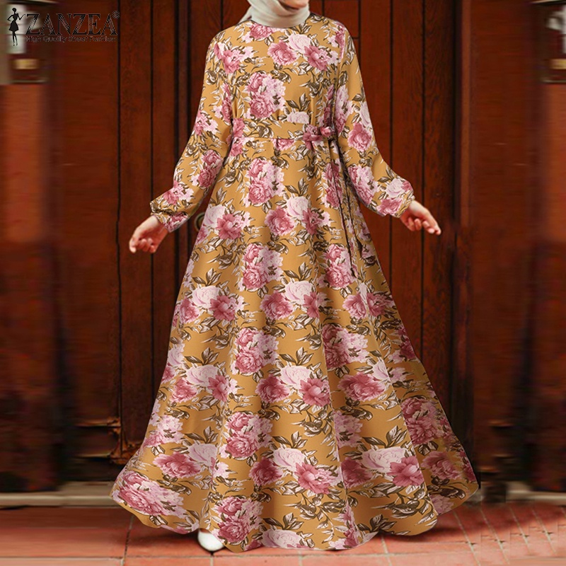 Zanzea Đầm Maxi Tay Dài Hoạ Tiết Hoa Thêu Cho Phụ Nữ Islam