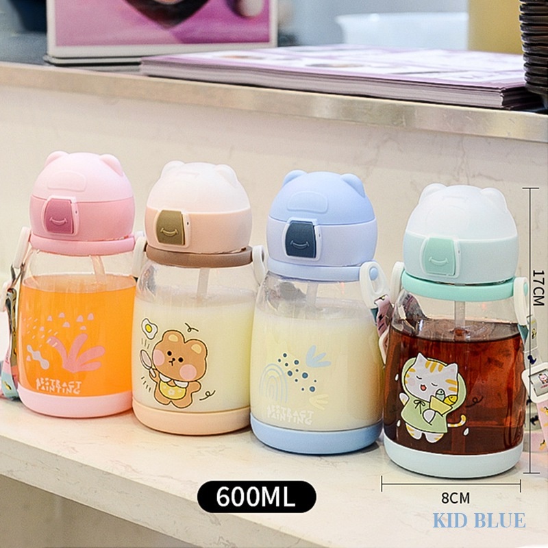 Bình Nước Nhựa 600ML Kèm Ống Hút Và Dây Đeo Dễ Thương Sáng Tạo Cho Học Sinh