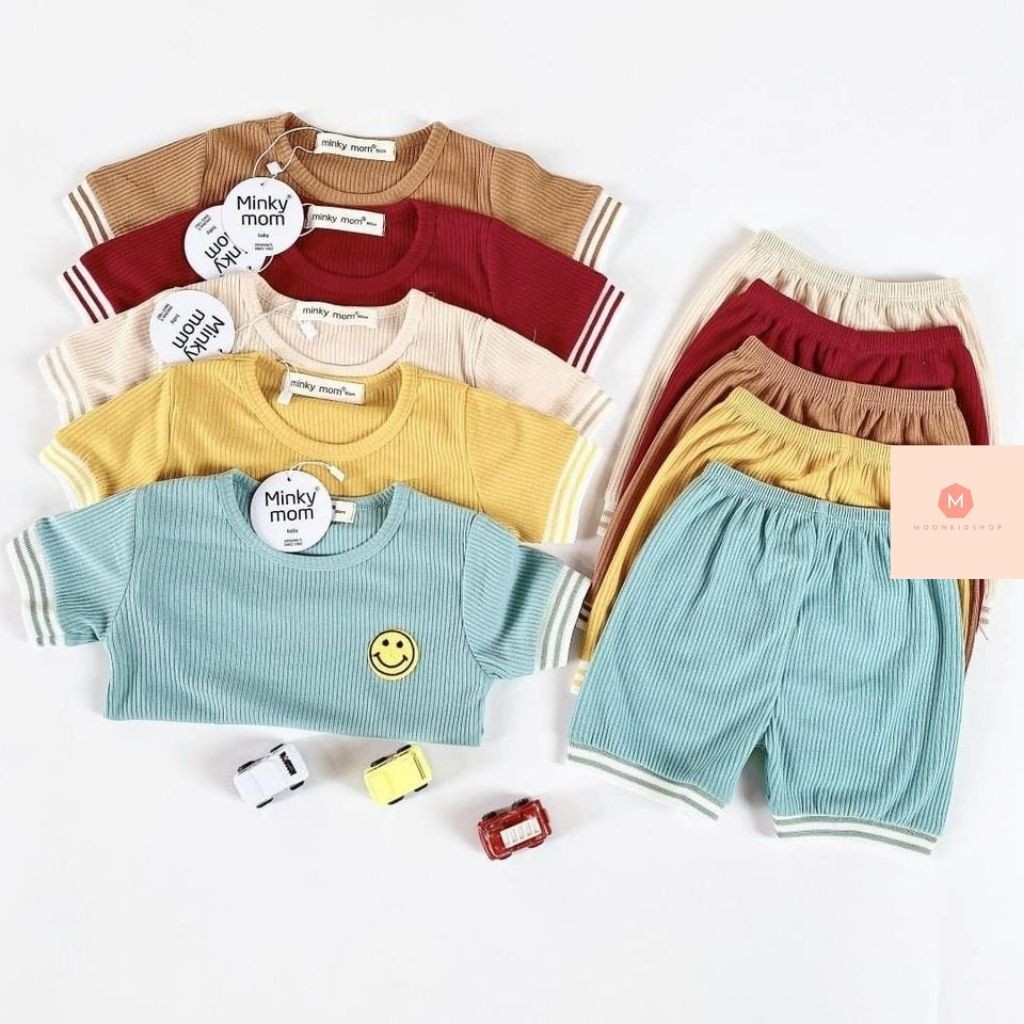 Bộ Minky Mom Cộc Tay Cho Bé👕Họa Tiết mặt cười👕chất len tăm 100% co giãn 4 chiều,dành cho bé từ 6-20kg