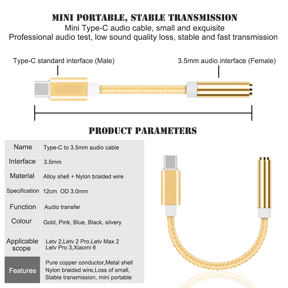 Cáp Chuyển Đổi Tai Nghe Usb Type C Sang 3.5mm Cho Letv 2 2pro Max2 Pro 3 Xiaomi 6 Ar