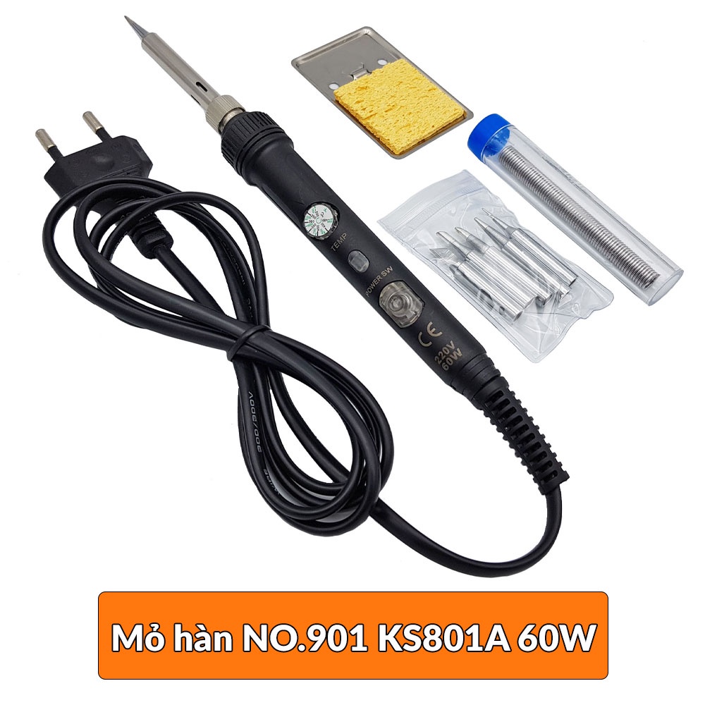 COMBO Mỏ hàn điều chỉnh nhiệt độ NO.901 KS801A + Đế gác mỏ hàn vuông + Bộ vệ sinh đầu mỏ hàn + dụng cụ hút thiếc lớn