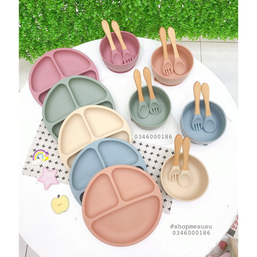 Set khay-bát-thìa dĩa silicon phong cách Hàn Quốc cho bé ăn dặm