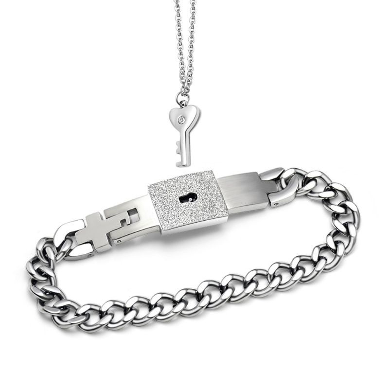 Bộ Vòng Tay + Vòng cổ + Mặt Vòng cổ Hình Ổ Khóa Trái Tim Cho Cặp Đôi