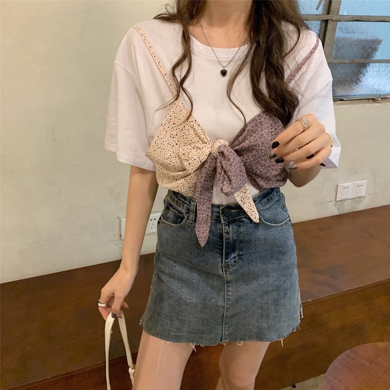 Áo thun ngắn tay dáng rộng phối nơ xinh xắn theo phong cách Hàn Quốc