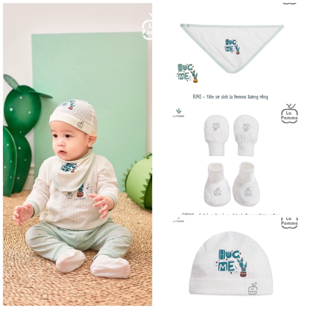 [CHÍNH HÃNG] Set bao tay bao chân bo ống, mũ và yếm xương rồng trắng/mint La Pomme