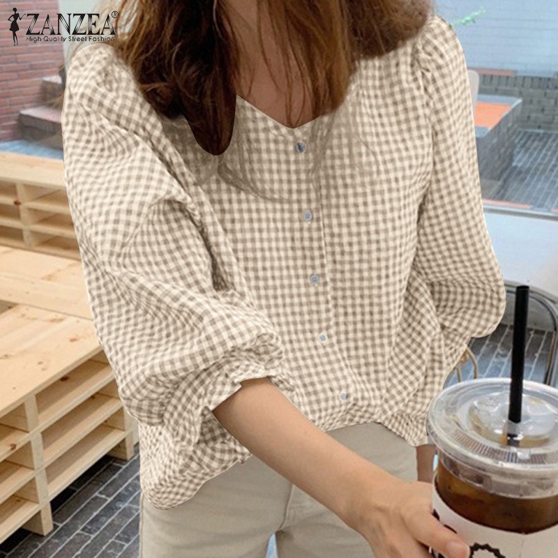 Áo sơ mi ZANZEA tay lửng dáng rộng họa tiết kẻ sọc phong cách vintage thời trang cho nữ