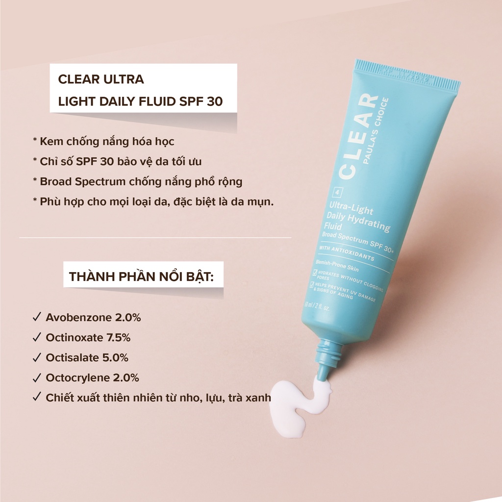 [PAULA'S CHOICE] Kem Chống Nắng Cho Da Mụn Clear Ultra-Light Daily Hydrating Fluid Broad Spectrum SPF 30+ 60ml (Mã 6130)