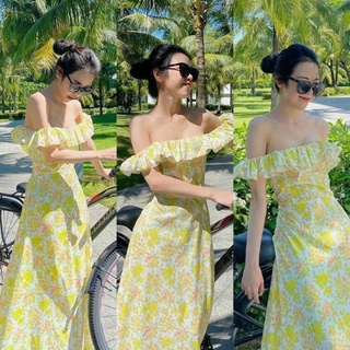 Đầm maxi hoa bẹt vai🦋freeship 🦋đầm siêu tôn dáng