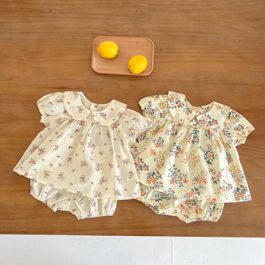 Bộ Áo Tay Ngắn Cổ Búp Bê + Quần In Hoa Dễ Thương Thời Trang Mùa Hè Cho Bé Gái