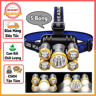 Đèn pin đội đầu chống nước 5 bóng - đèn led 5 bóng siêu sáng pin + sạc