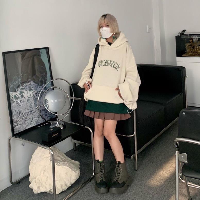 Hoodie Chất Xốp Thêu Chữ Cinder Dáng Rộng Mũ 2 Lớp Form To Nam Nữ Unisex Kiểu Dáng Trẻ Trung