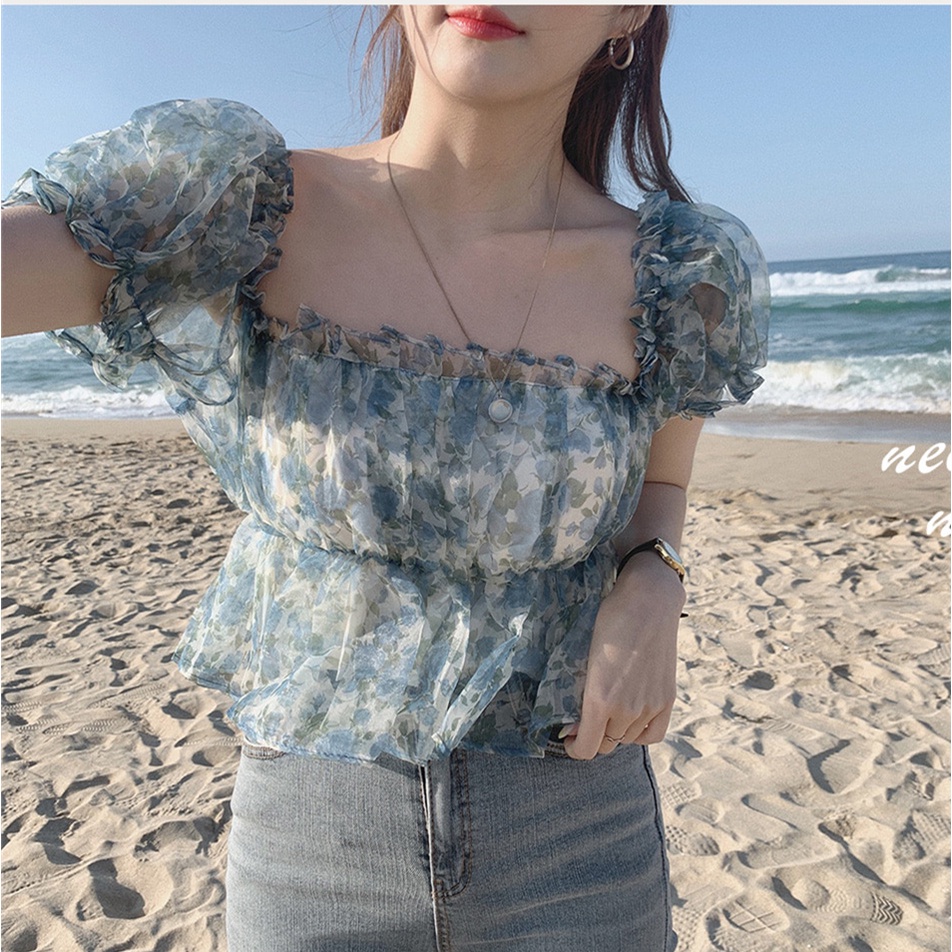 SUXI Áo Sơ Mi Tay Ngắn Cổ Vuông Dáng Ôm In Họa Tiết Đơn Giản Kiểu Hàn Quốc Thời Trang Mùa Hè Cho Nữ