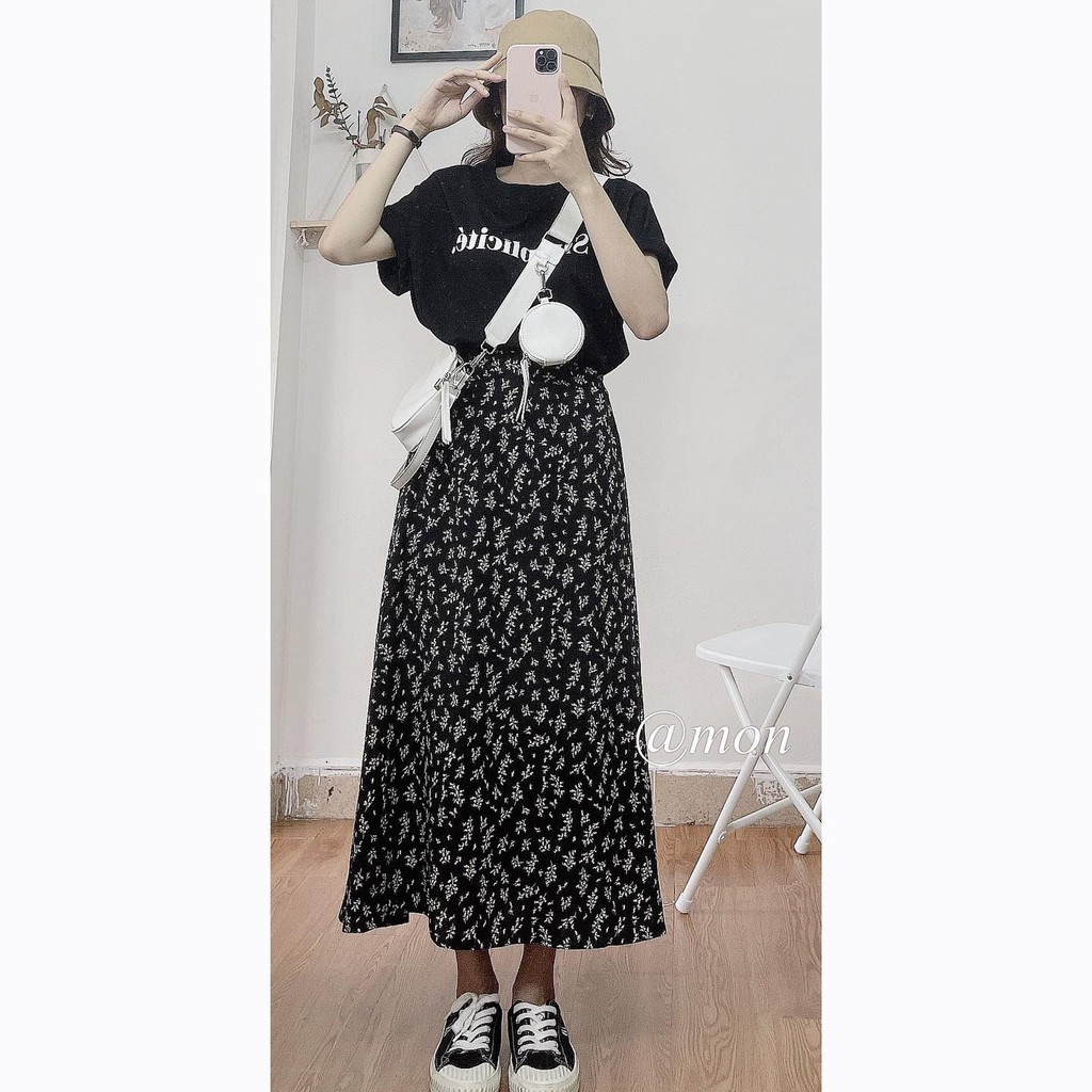 2101619 Chân váy midi hoa nhí dáng dài chất voan cát mềm mát có lót trong dày dặn không lộ freesize | BigBuy360 - bigbuy360.vn