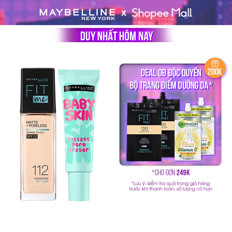 [Bộ trang điểm] Kem nền kiềm dầu chống nắng Fit Me 30ml + Kem lót mịn da Baby Skin 22ml Maybelline New York