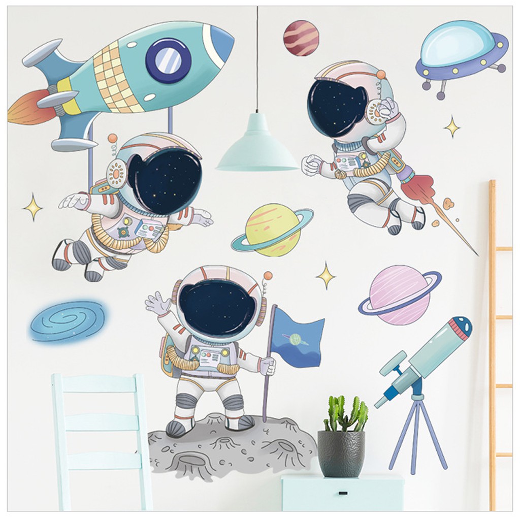 Decal dán tường cho bé yêu mẫu Phi hành gia và tàu vũ trụ (C12)