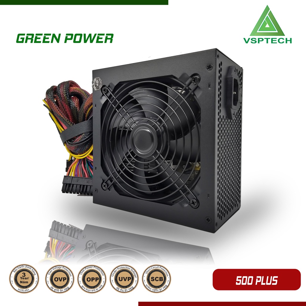 Nguồn VISION 500W PLUS GREEN POWER Chính hãng (2x4+4pin, 6+2pin). Vi Tính Quốc Duy