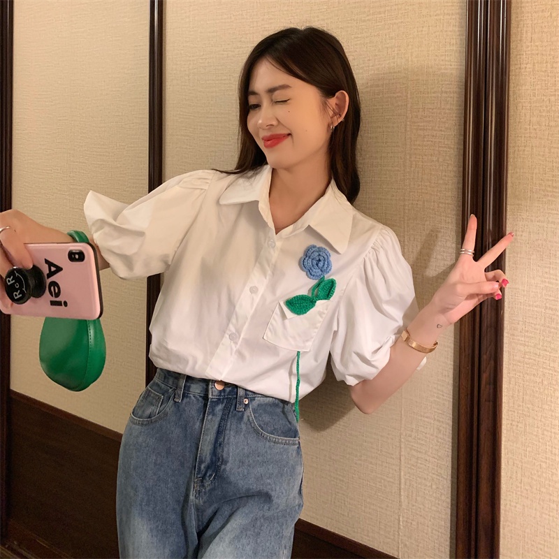 Áo Sơ Mi Tay Ngắn Phồng Họa Tiết Hoa Thời Trang Pháp Hàng Mới Cho Nữ