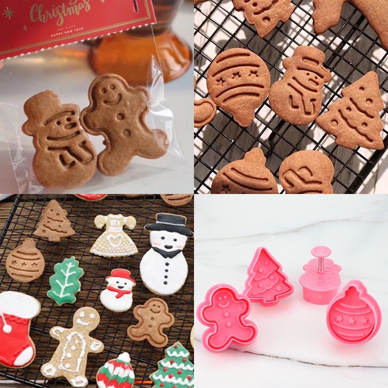 Set 4 khuôn nhấn bánh 3D hình giáng sinh