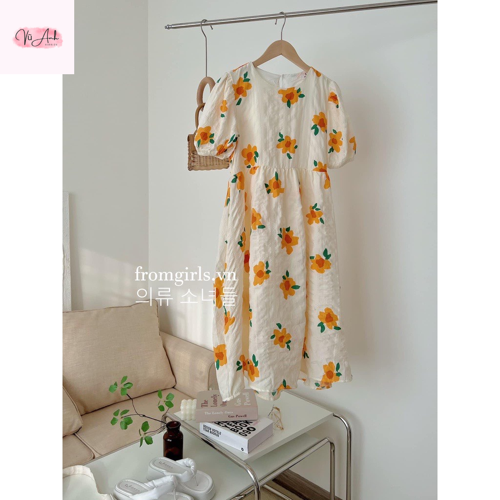 Váy babydoll , đầm bầu hoa vàng váy maxi hoa dáng rộng tay phồng siêu xinh