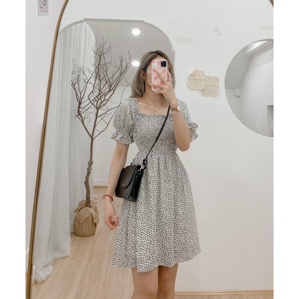 Váy xòe hoa nhí dáng trễ vai và ngực vuông Ảnh thật Thời trang nữ Reouts | BigBuy360 - bigbuy360.vn