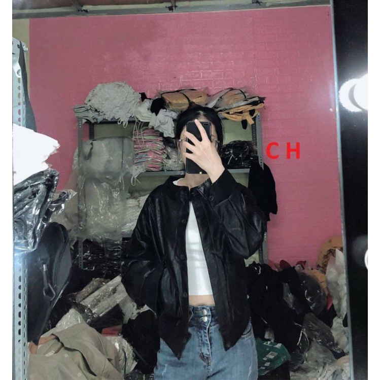 Áo Khoác da Cổ trụ Túi HộpFREESHIPBomber nữ croptop basicPhong cách cá tính, sexy