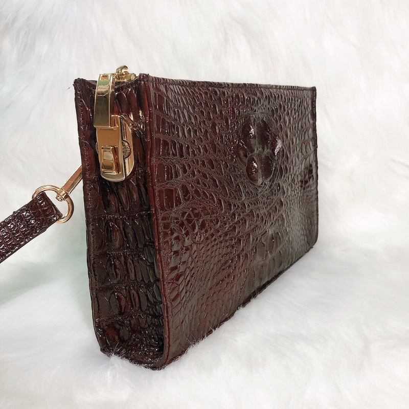 Ví nam cầm tay, da cá sấu thật, có khoá số, kích thước 25cm- 15cm, màu nâu socola