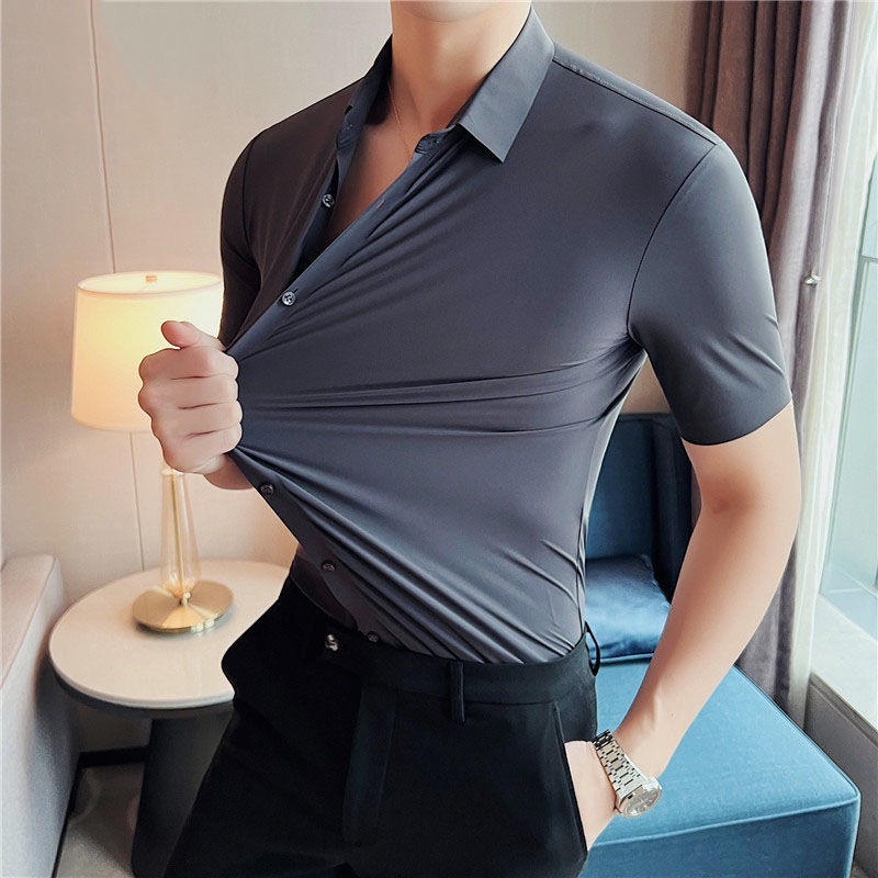 Áo Sơ Mi Lụa Không Đường May Tay Ngắn Dáng Ôm Chống Nhăn Thời Trang Cho Nam