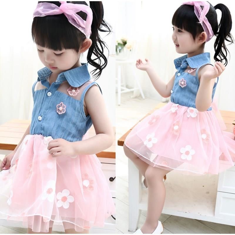 Đầm xòe không tay phối lưới xuyên thấu đính hoa xinh xắn cho bé gái
