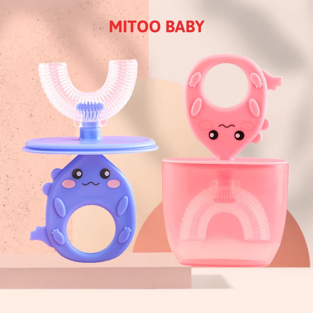 Bàn chải đánh răng chữ U cho bé Mito Baby, Bàn chải cho bé từ 2 tuổi silicon siêu mềm chịu được lực cắn kèm cốc tiện lợi