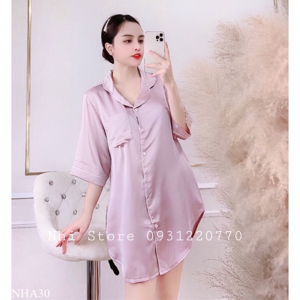 ( Freeship 50k ) Đầm Ngủ Pijama Lụa Satin Tay Lửng Kèm Quần Ngắn Sexy Feesize Dưới 57kg