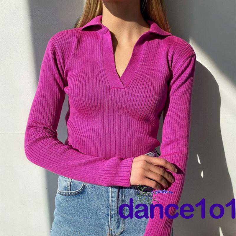 Áo Dệt Kim Tay Dài Cổ Chữ V Y2K