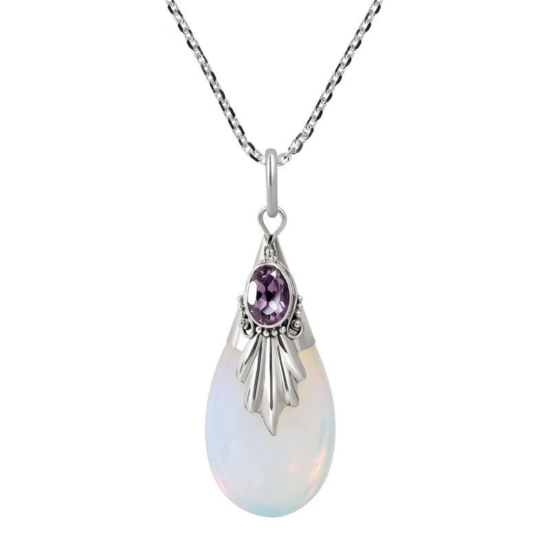 Đá Quý Hàn Quốc Moonstone Giọt Nước Mắt Dây Chuyền Vòng Cổ Cho Phụ Nữ Trang Sức Bạc Thời Trang