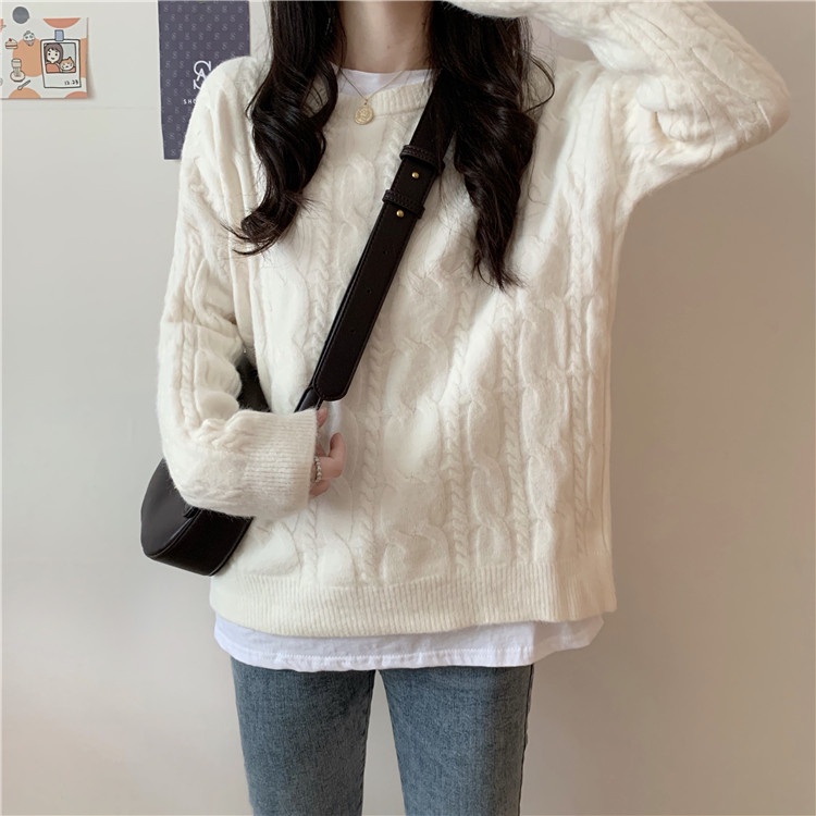 Áo len đỏ xoắc nữ cổ tròn áo sweater thu đông phong cách Hàn Quốc dệt kim giáng sinh