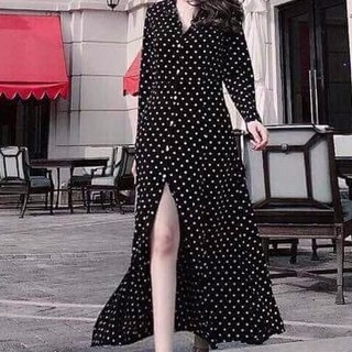 056đa - đầm sơ mi chấm bi maxi tay dài cổ điển