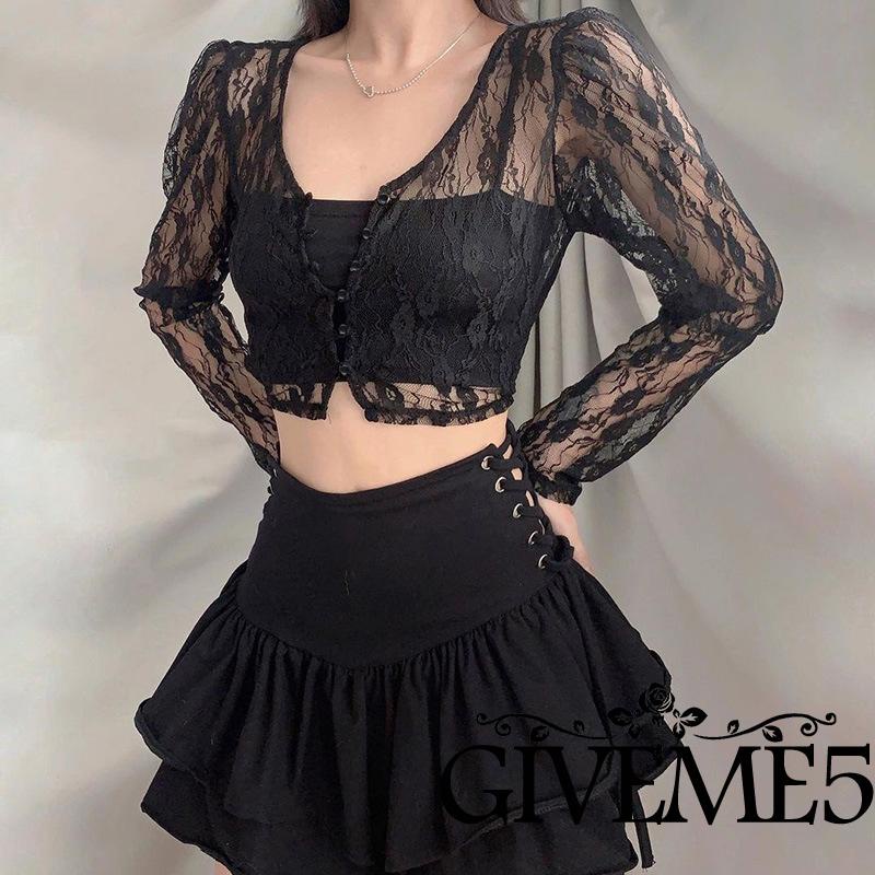 Áo croptop tay dài cổ chữ v phối ren thời trang dành cho nữ