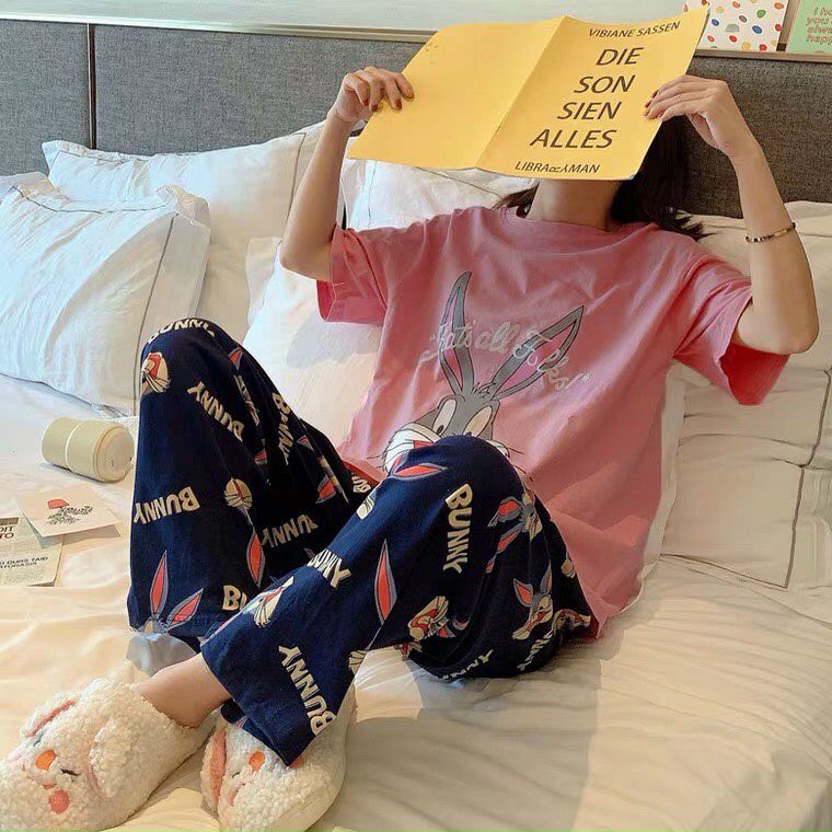 Bộ đồ nữ dài tay- Bộ pyjama mặc nhà, mặc ngủ in hình gấu siêu xinh chất vải thun cotton 4 chiều mịn thoáng mát