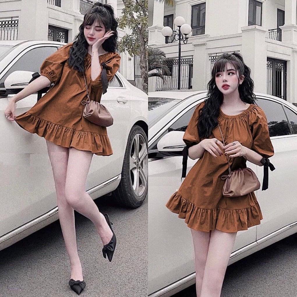 Đầm tiểu thư babydoll cổ tròn tay búp, đầm xòe đuôi cá cột nơ tay dáng ngắn bánh bèo
