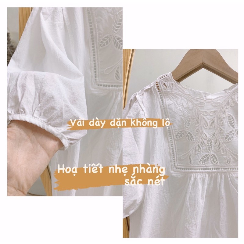 [Ảnh thật/Video] Áo sơ mi trắnh cổ thêu hoa tay bồng nhẹ nhàng kiểu dấng Hàn Quốc
