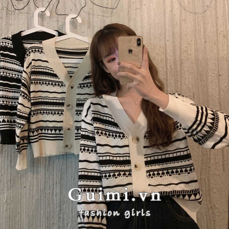 Áo cardigan Dệt Kim Mỏng Dáng Rộng Cổ Chữ V Kẻ Sọc Thời Trang Thu Đông Hàn Quốc Mới