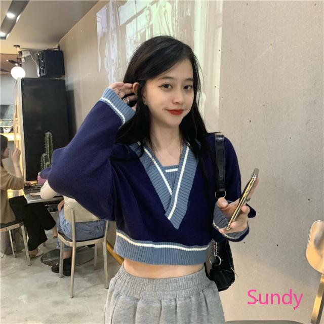 Áo sweater dệt kim cổ chữ V dáng rộng màu sắc tương phản thời trang thu đông dành cho nữ
