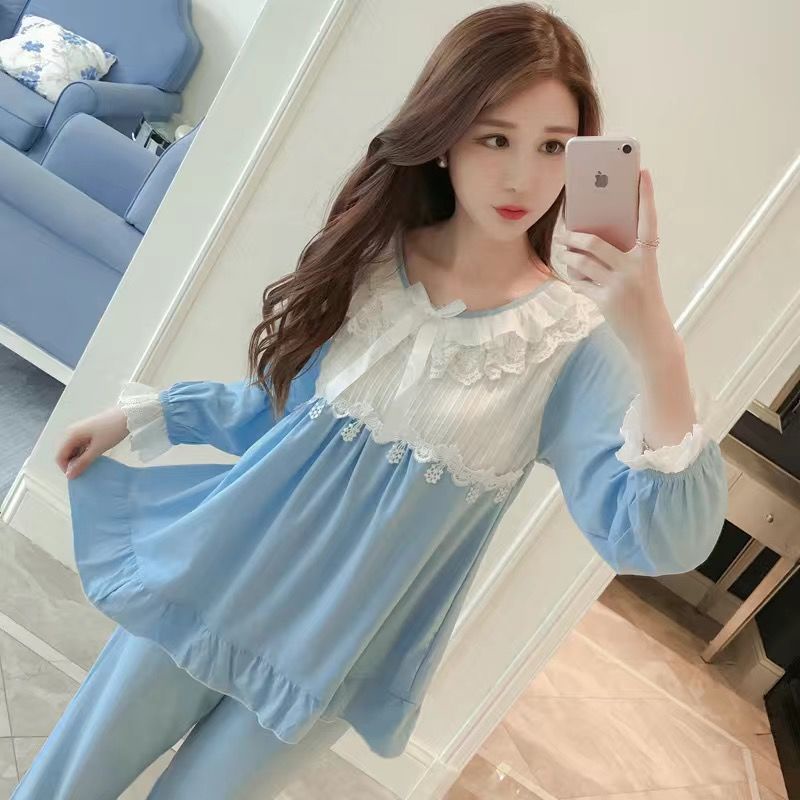 Bộ đồ ngủ tay dài phối ren kiểu công chúa phong cách Hàn Quốc thời trang xuân thu cho nữ