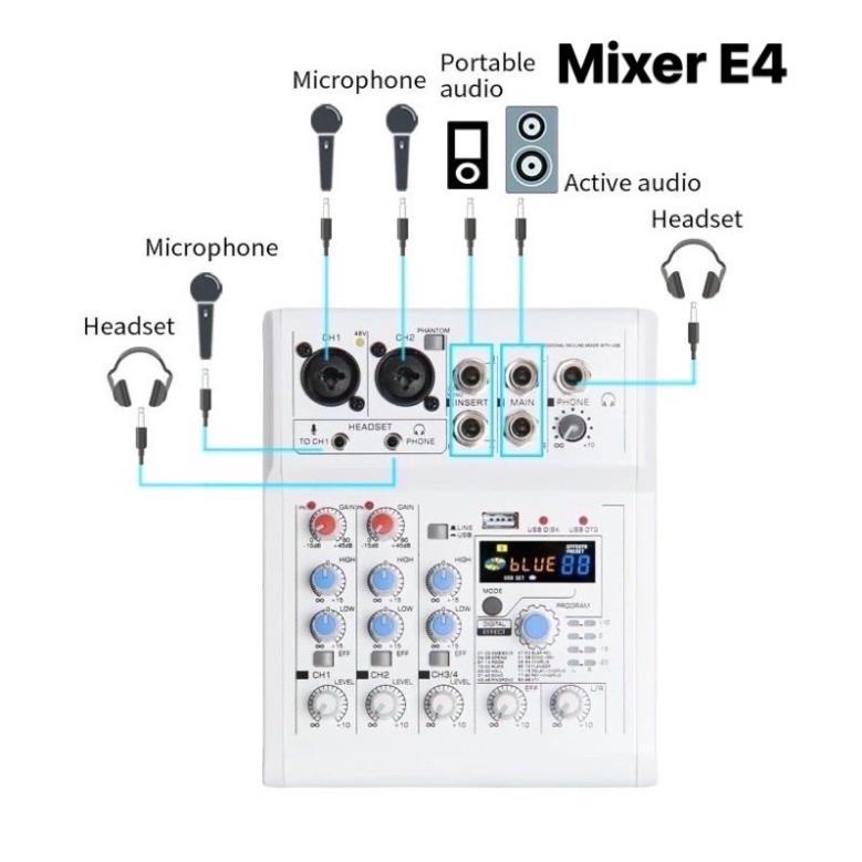 Bộ Trộn Âm Thanh Mixer E4 Có Bluetooth 4 kênh 88 hiệu ứng DSP Hỗ Trợ Nguồn 48v có thể Livestream, ka