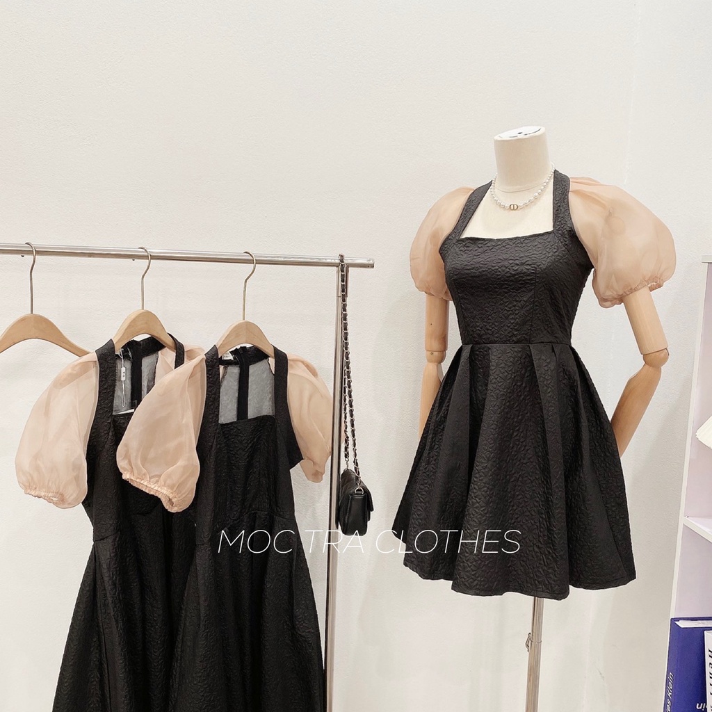 Đầm xốp nữ tay bồng tơ Quảng Châu thiết cổ vuông dáng xòe siêu xinh, Váy dự tiệc nữ sang trọng thanh lịch