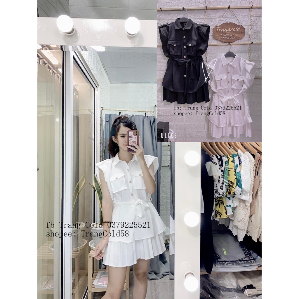 Set áo tay hến cổ đức + chân váy xếp li ( Ảnh thật shop tự chụp )