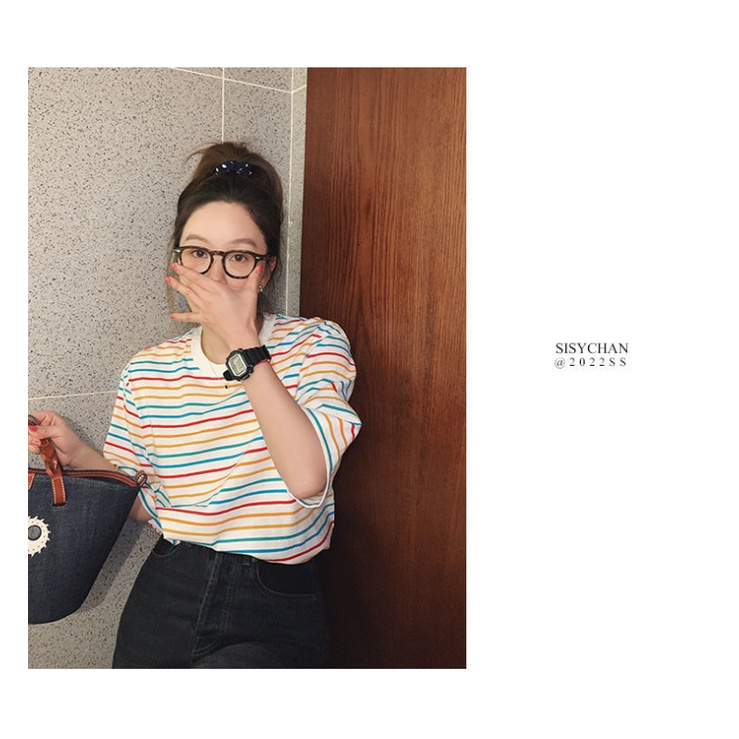 Áo Thun Tay Ngắn Cổ Tròn Dáng Rộng Họa Tiết Kẻ Sọc Nhiều Màu Sắc Phong Cách Hàn Quốc Thời Trang Mùa Hè Cho Nữ