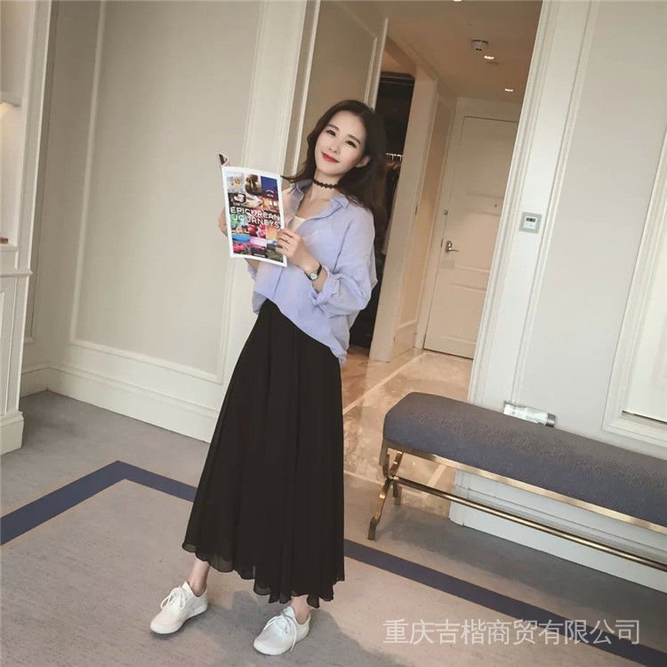 Spring and Summer chiffon double-layer large-swing skirt long skirt anti-penetration small fresh large size high waist ethnic style student dress